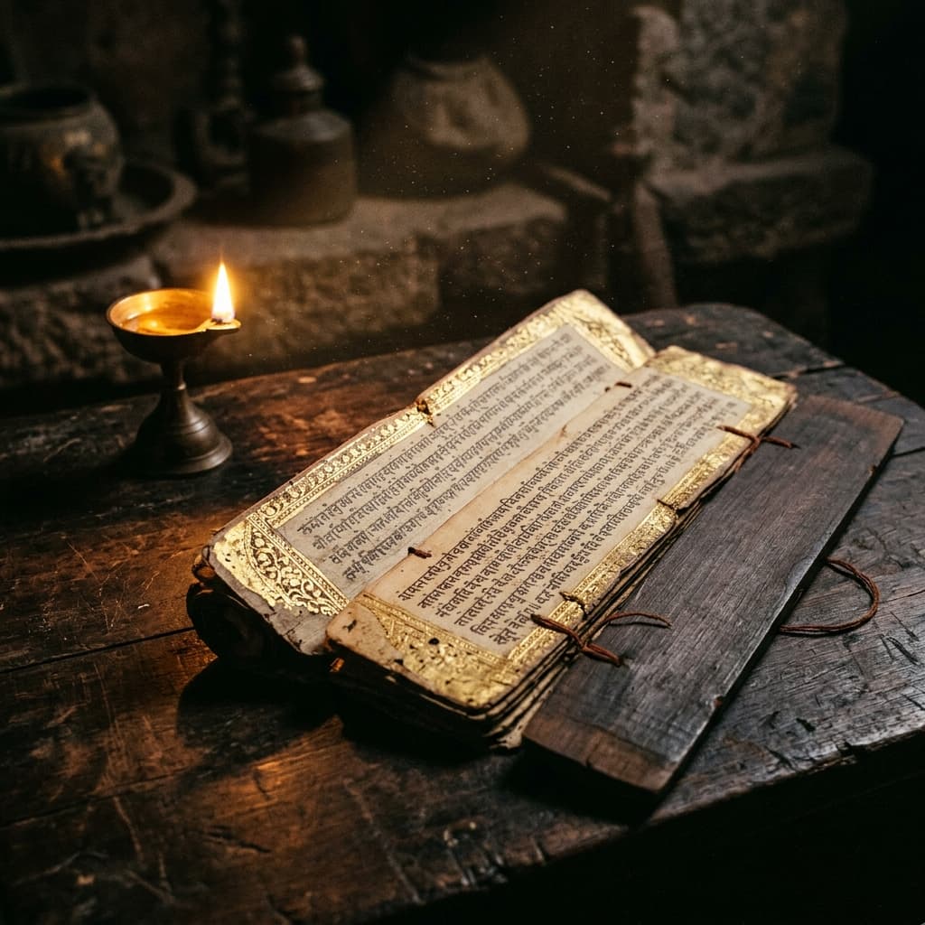 Static illuminated Vedic manuscript with warm lamp light and archival depth.